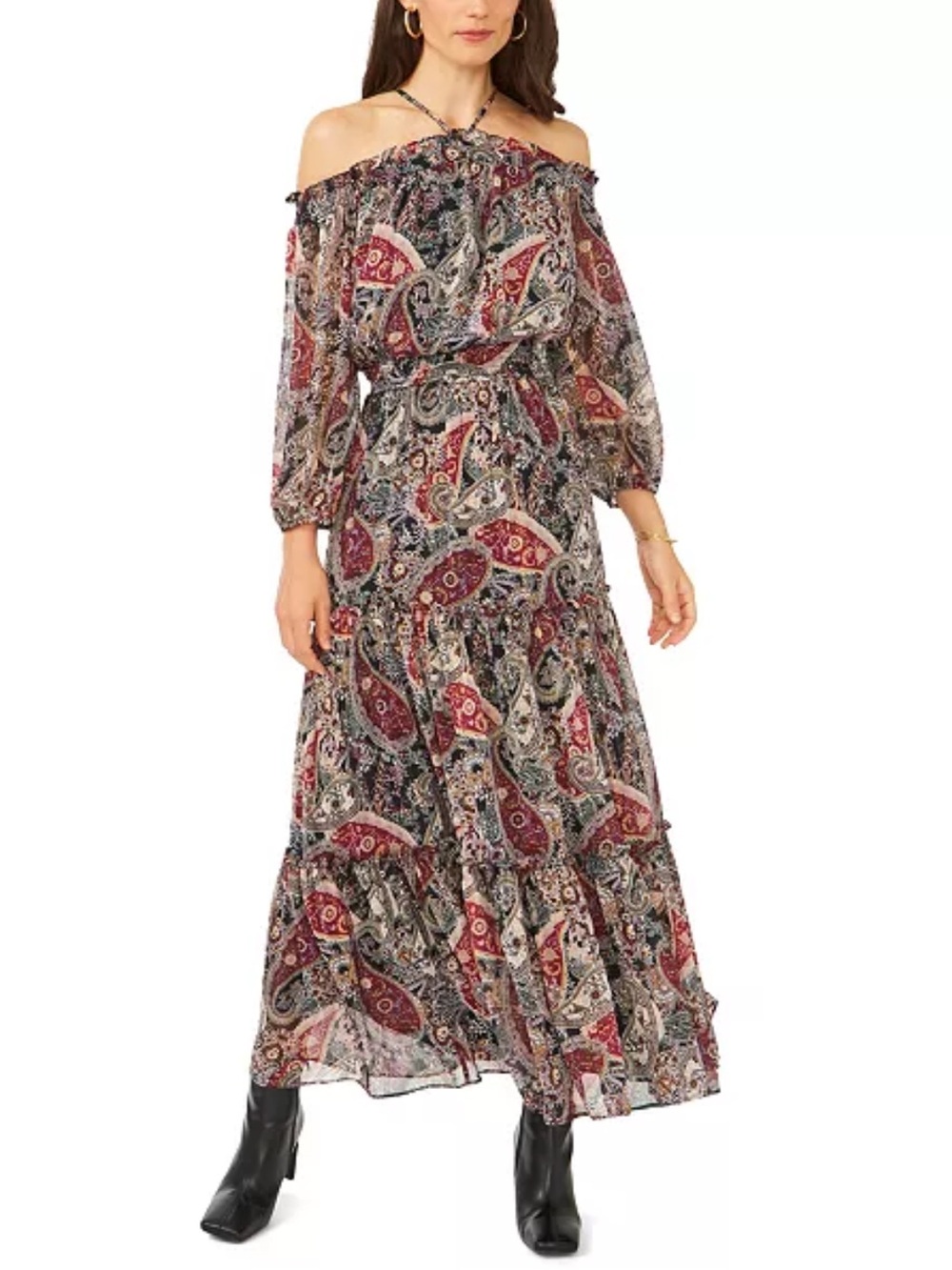 1. State Off-Shoulder Tiered Maxi Dress in Burgundy Paisley
